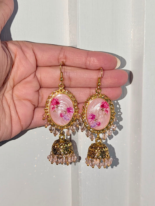 Multi Pink Shimmery Jhumkay in Gold