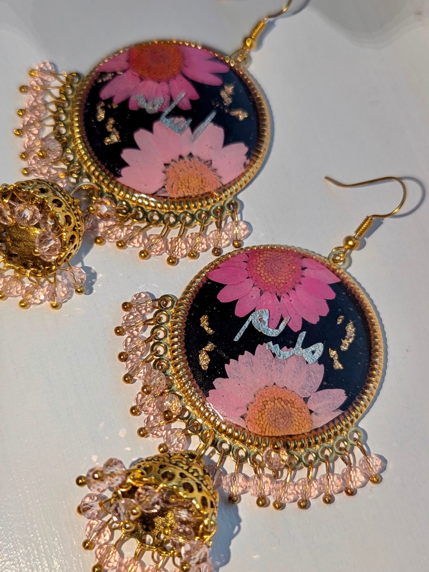 Him & Her Black and Pink Floral Name Jhumkas
