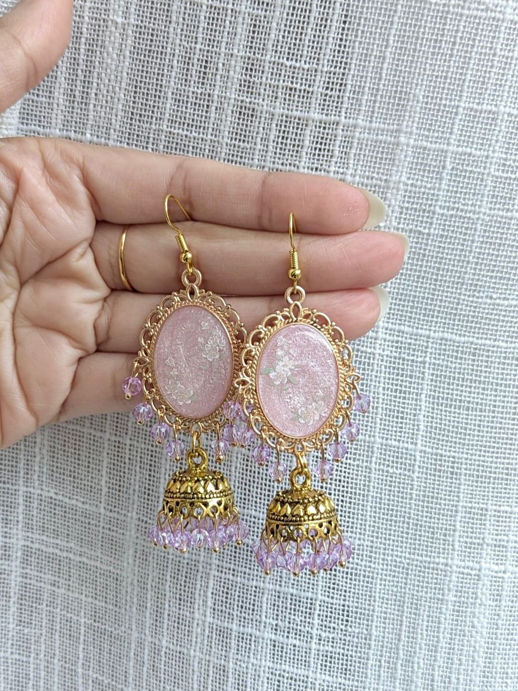 Pink and Lilac Dreamy Jhumkas in Gold