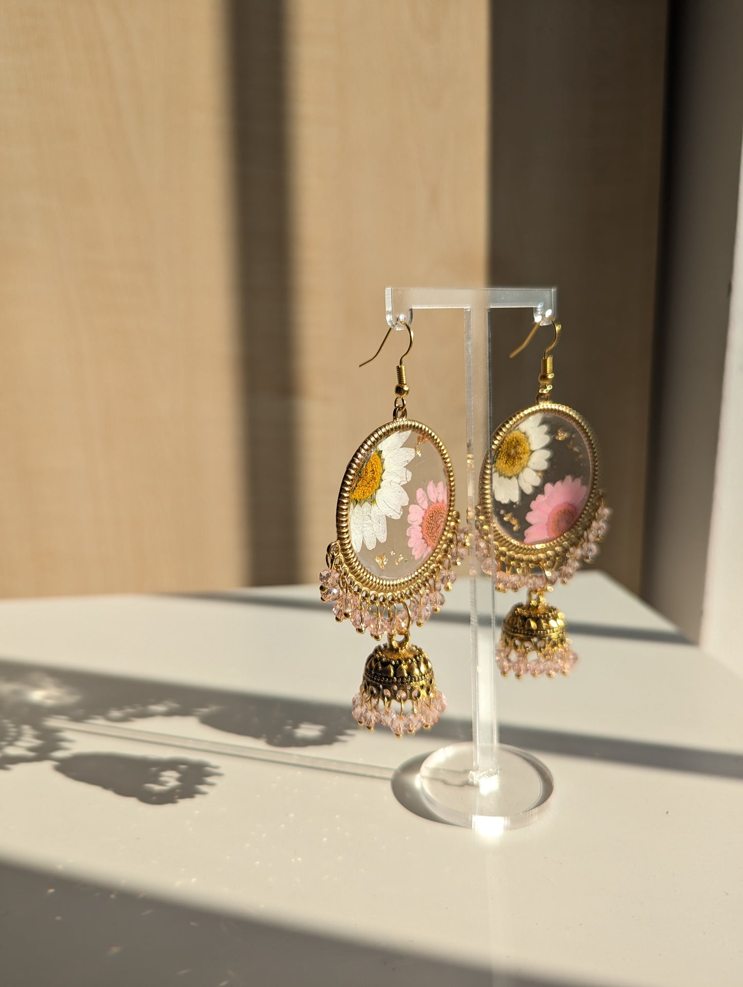 Pink and White Daisy Jhumka Earrings with Gold Flakes