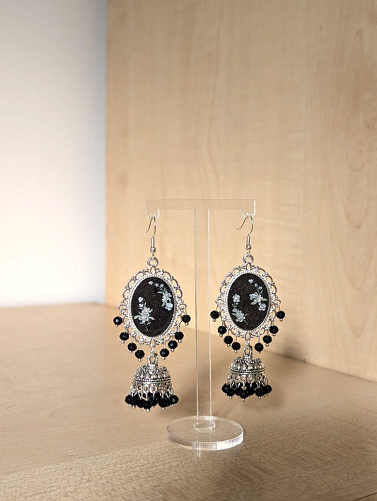 Black and White Flower Jhumka Earrings in Silver
