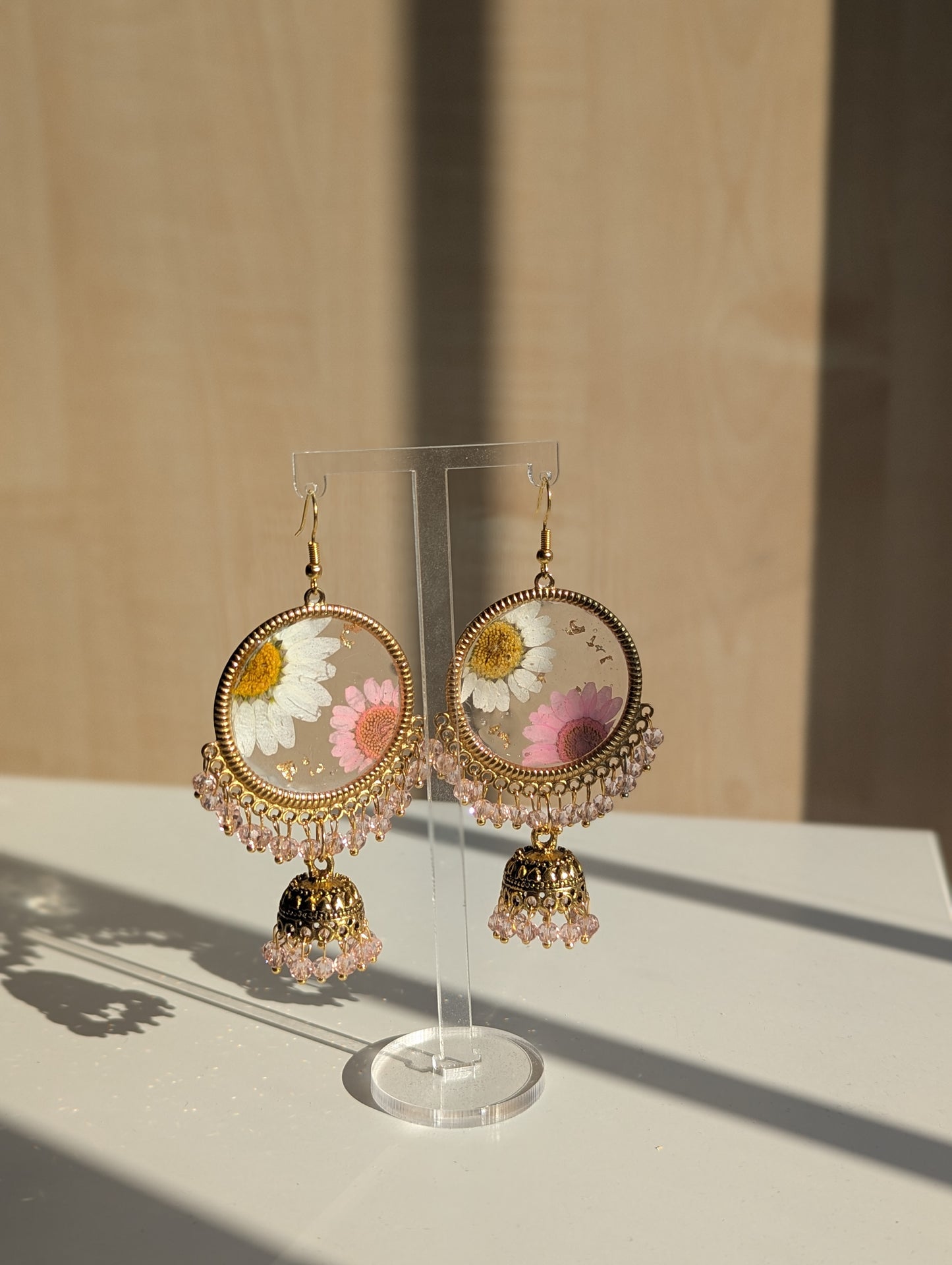 Pink and White Daisy Jhumka Earrings with Gold Flakes