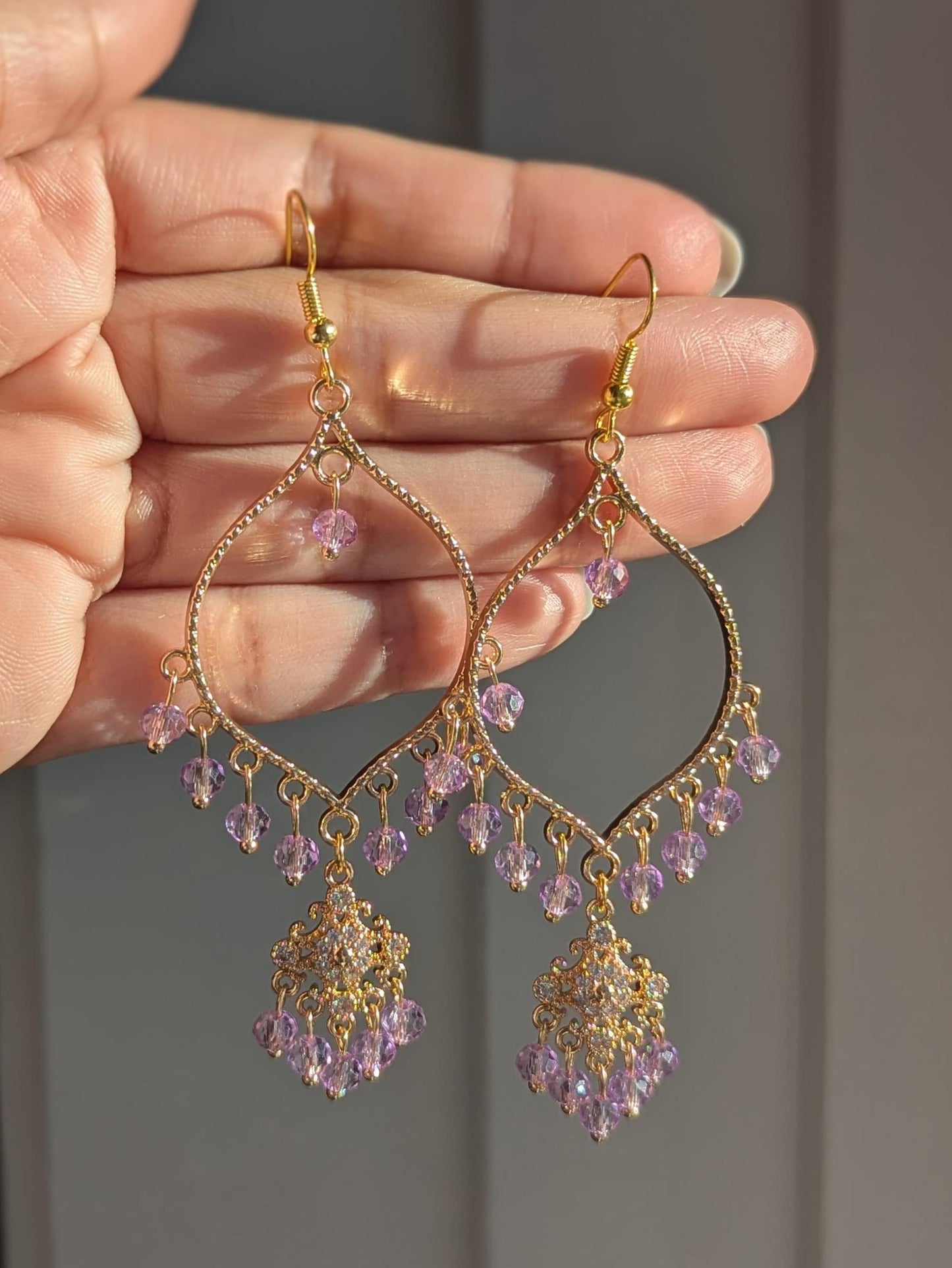 Purple Dainty Drop Earrings in Gold
