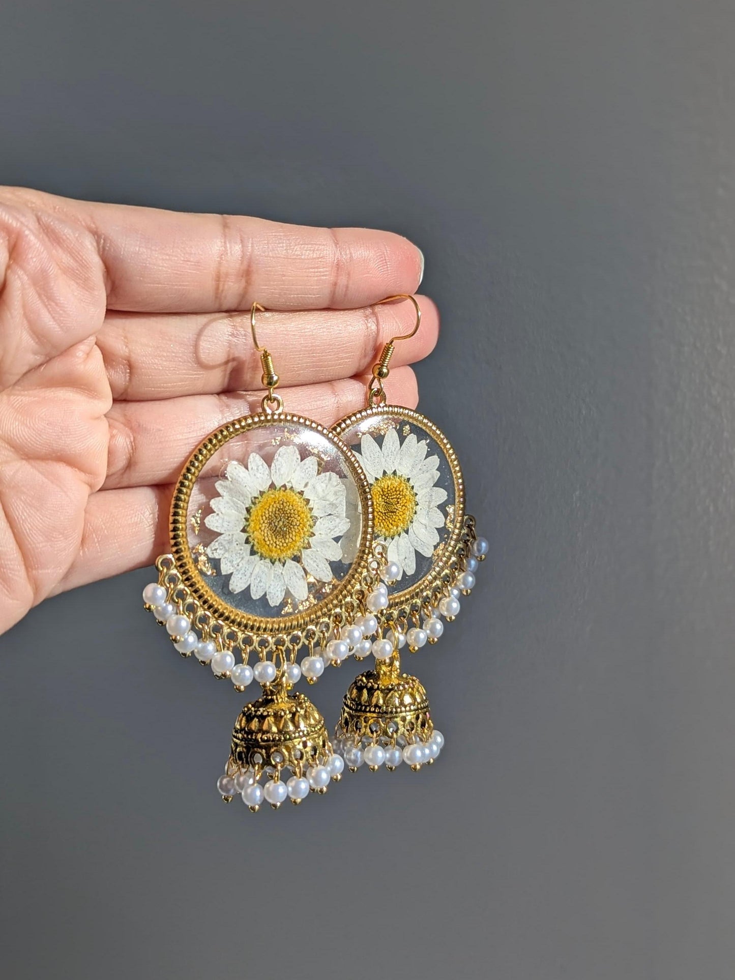 All White Flower Preserved Gold Jhumkas