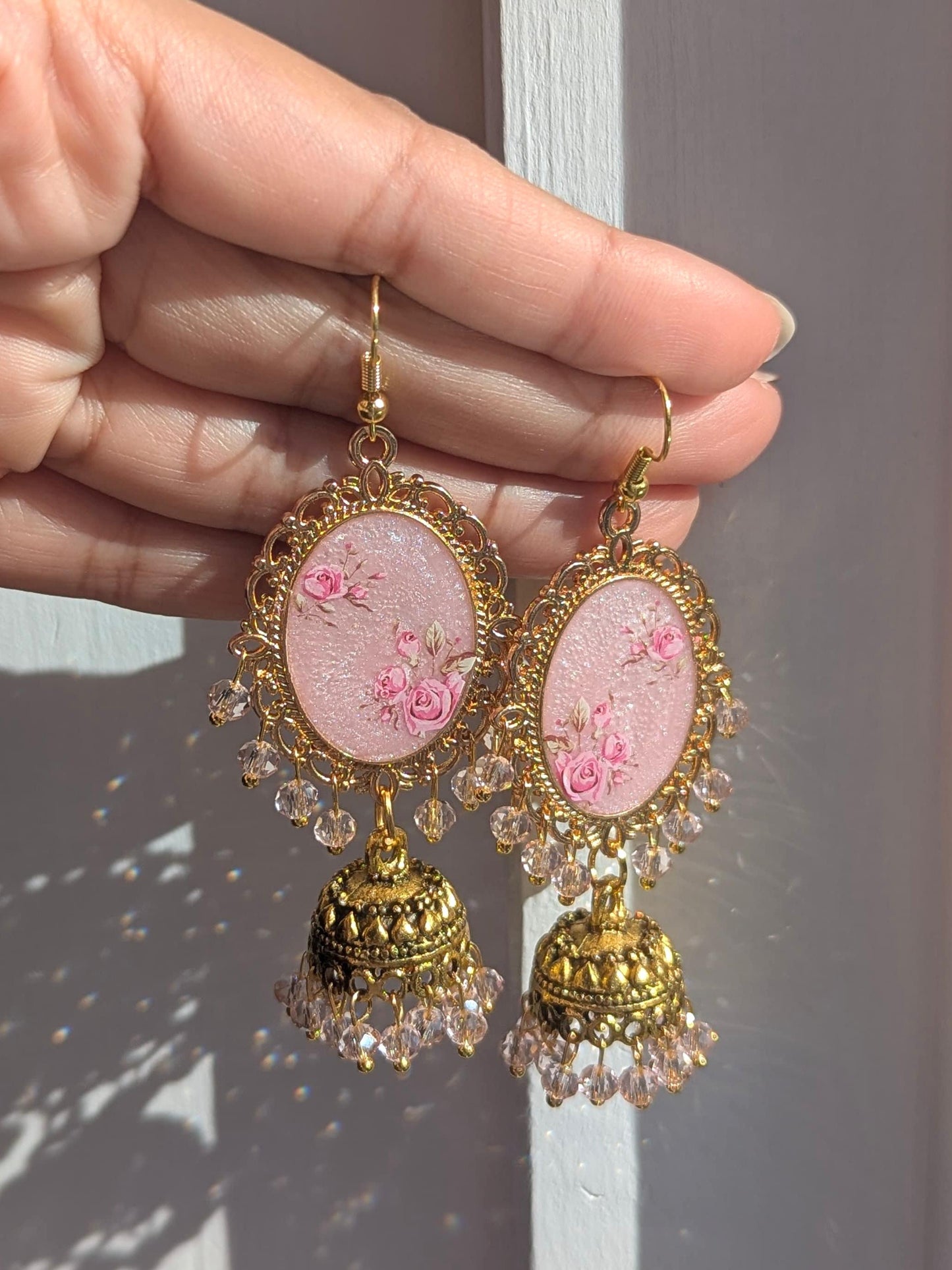 Shimmery Pink Jhumkay in Gold
