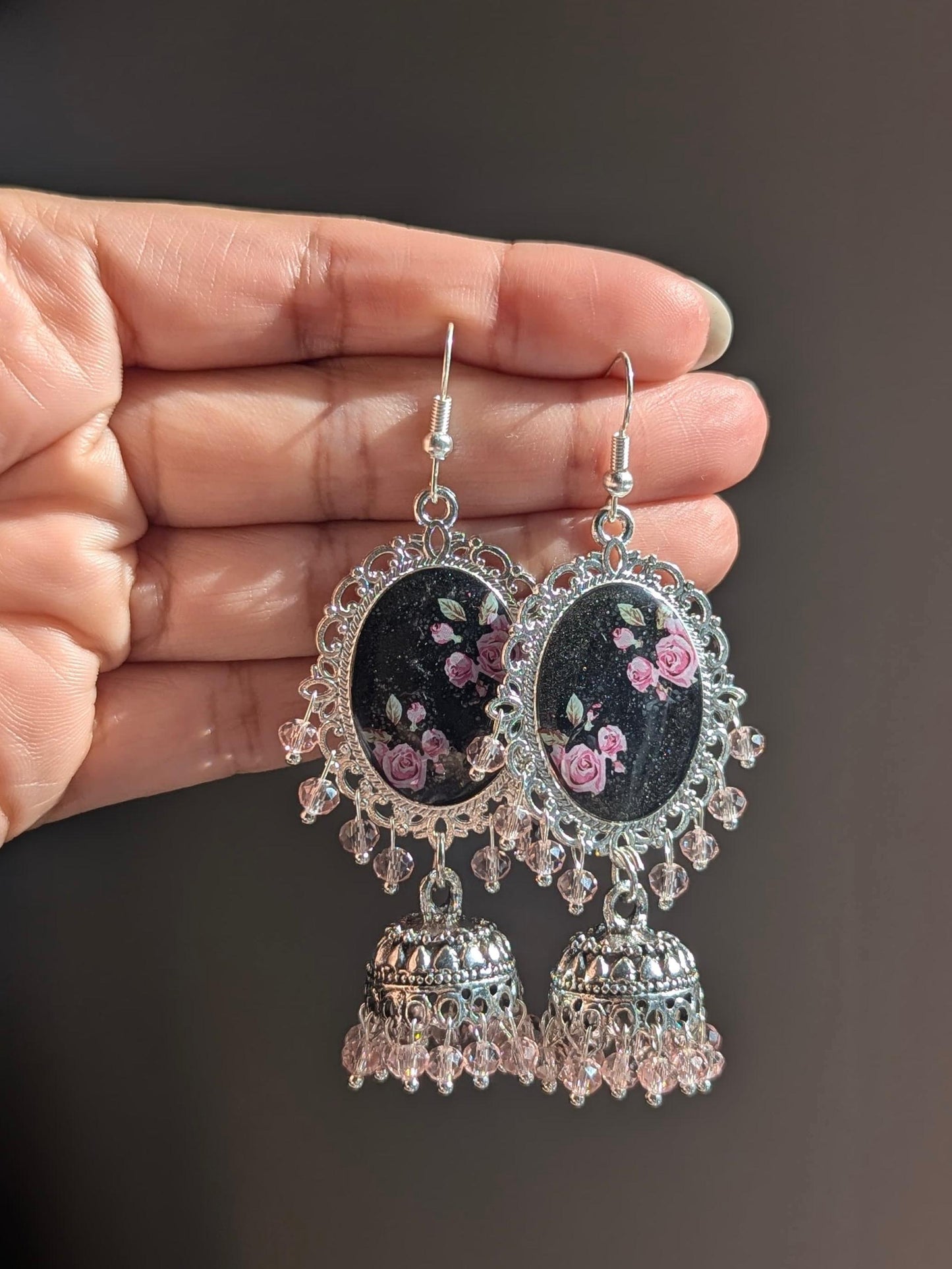 Black and Pink Jhumka Earrings in Silver