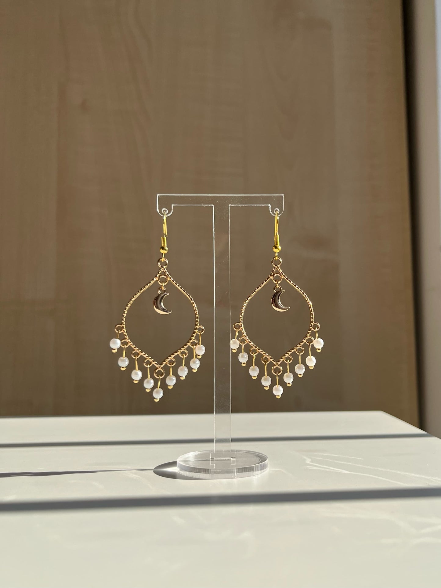 Gold Moonlight Pearl Crystal Earrings