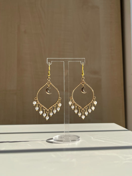 Gold Moonlight Pearl Crystal Earrings