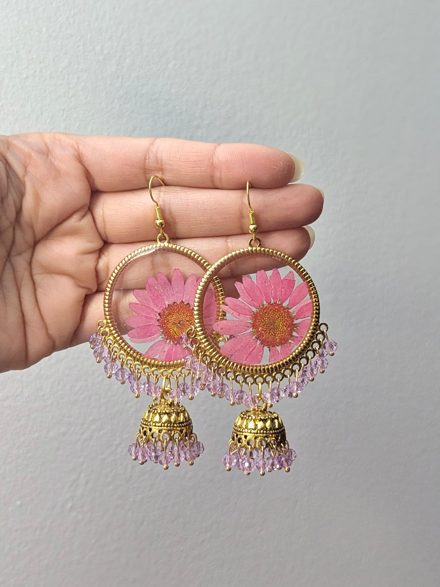 Pink and Purple Real Flowers Jhumkay in Gold