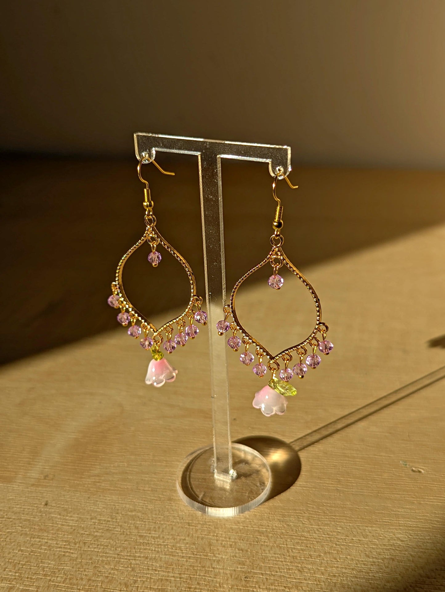 Purple Crystal Pink Flower Drop Earrings in Jhumka Style