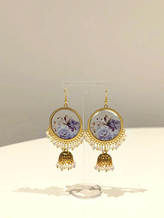 Blue Floral Bouquet Jhumka Earrings in Gold