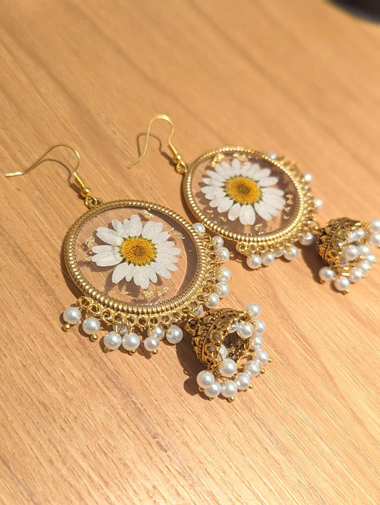 All White Flower Preserved Gold Jhumkas