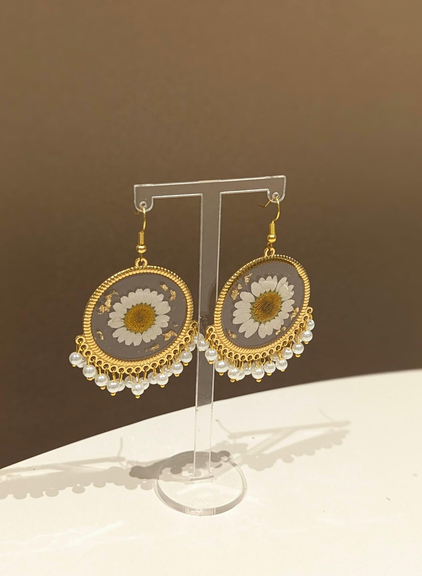 All white floral preserved gold earrings