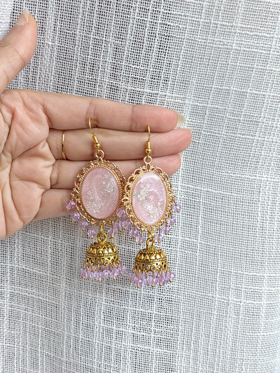 Pink and Lilac Dreamy Jhumkas in Gold