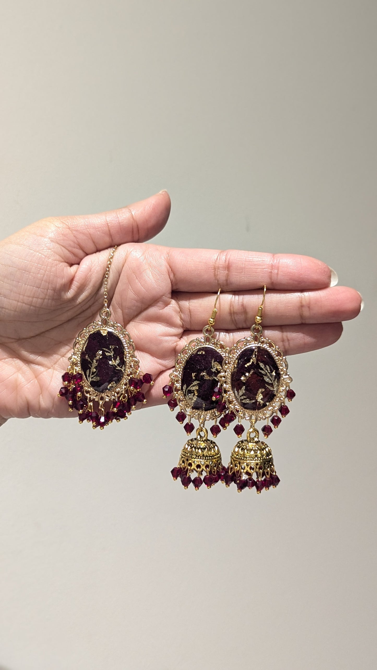 Custom flower Jhumka and Tikka set
