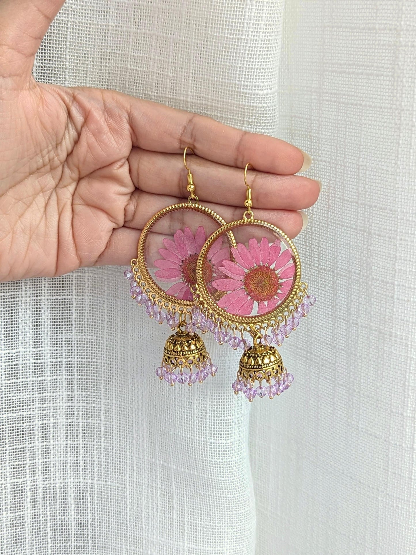 Pink and Purple Real Flowers Jhumkay in Gold