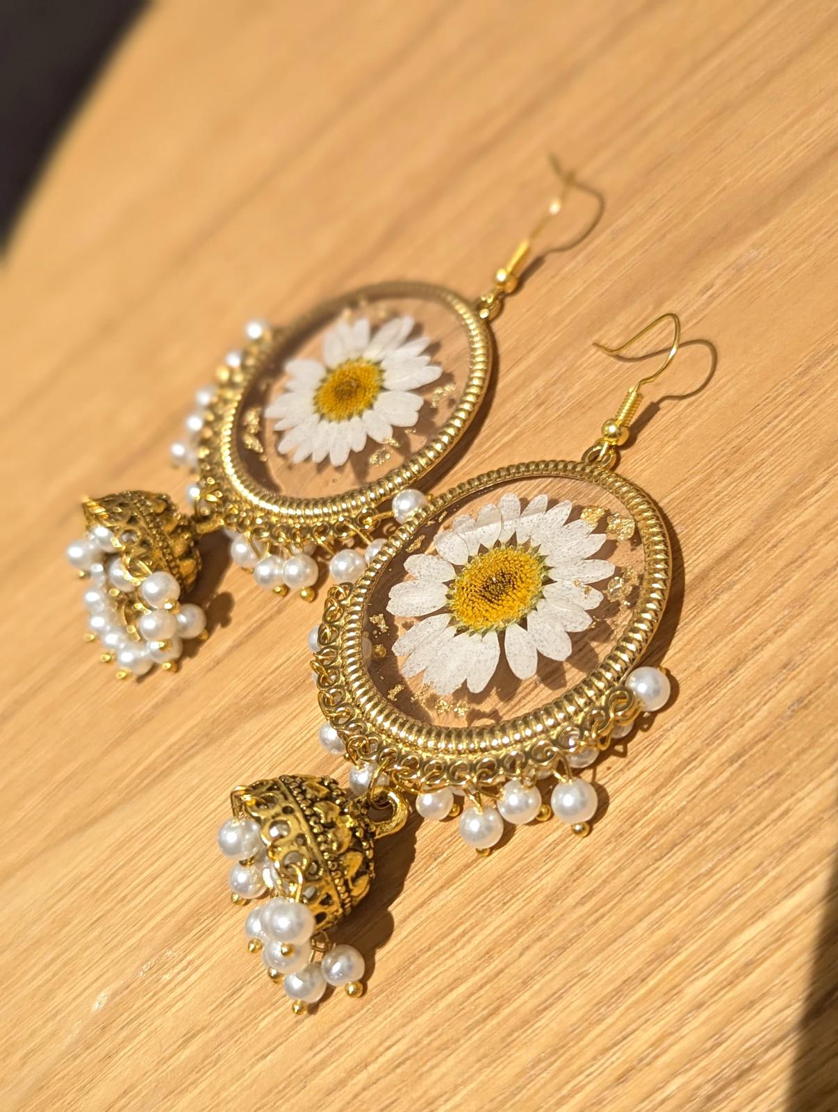 All White Flower Preserved Gold Jhumkas