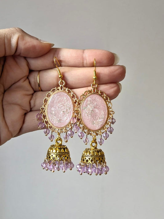 Pink and Lilac Dreamy Jhumkas in Gold