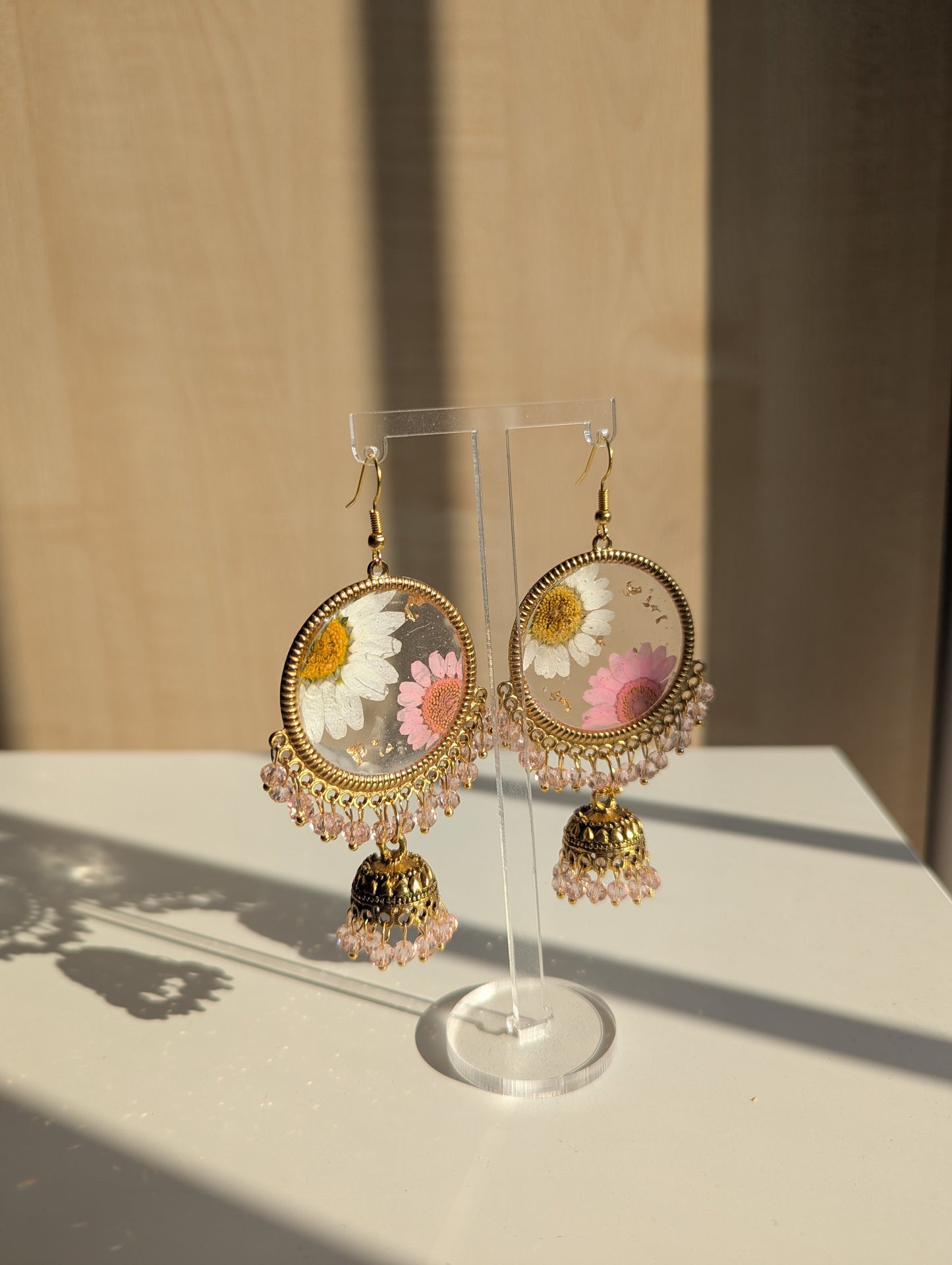 Pink and White Daisy Jhumka Earrings with Gold Flakes