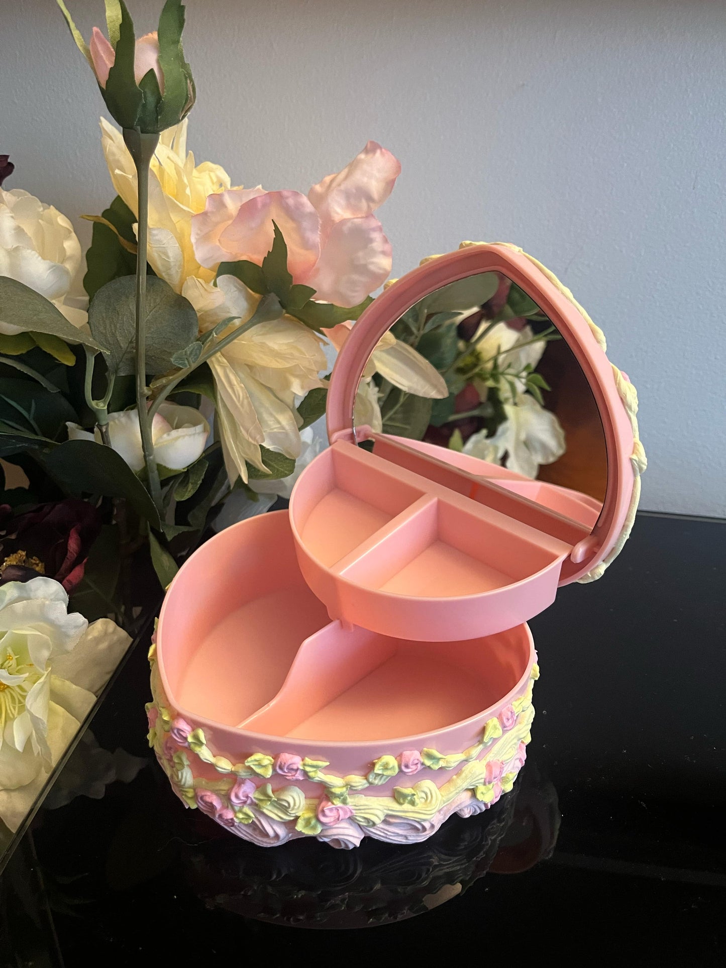 Pink and Yellow Jewellery Box with Mirror for Earrings, Rings, and Necklaces -  Heart Jewellery Storage Box