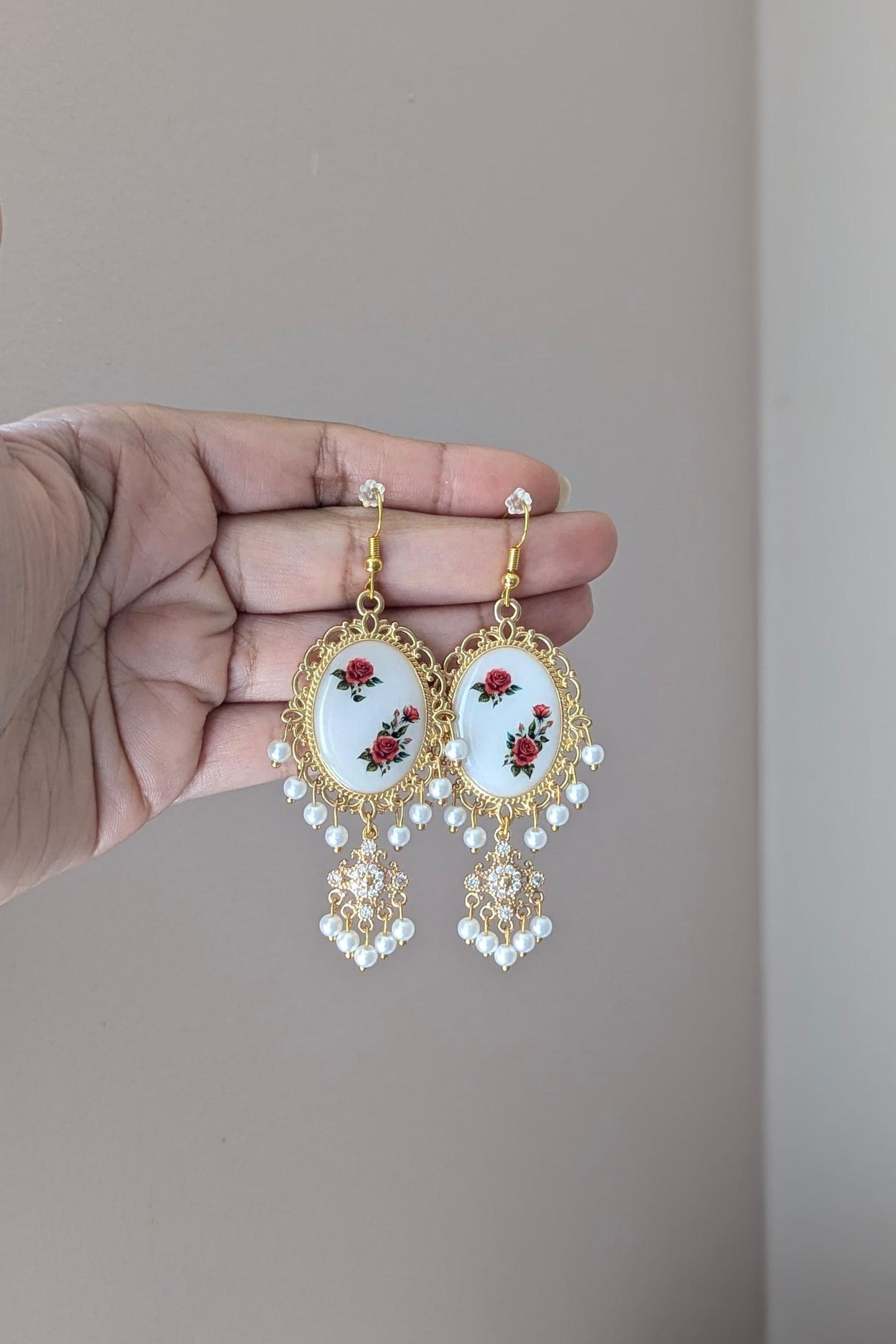 Red roses white dainty drop earrings