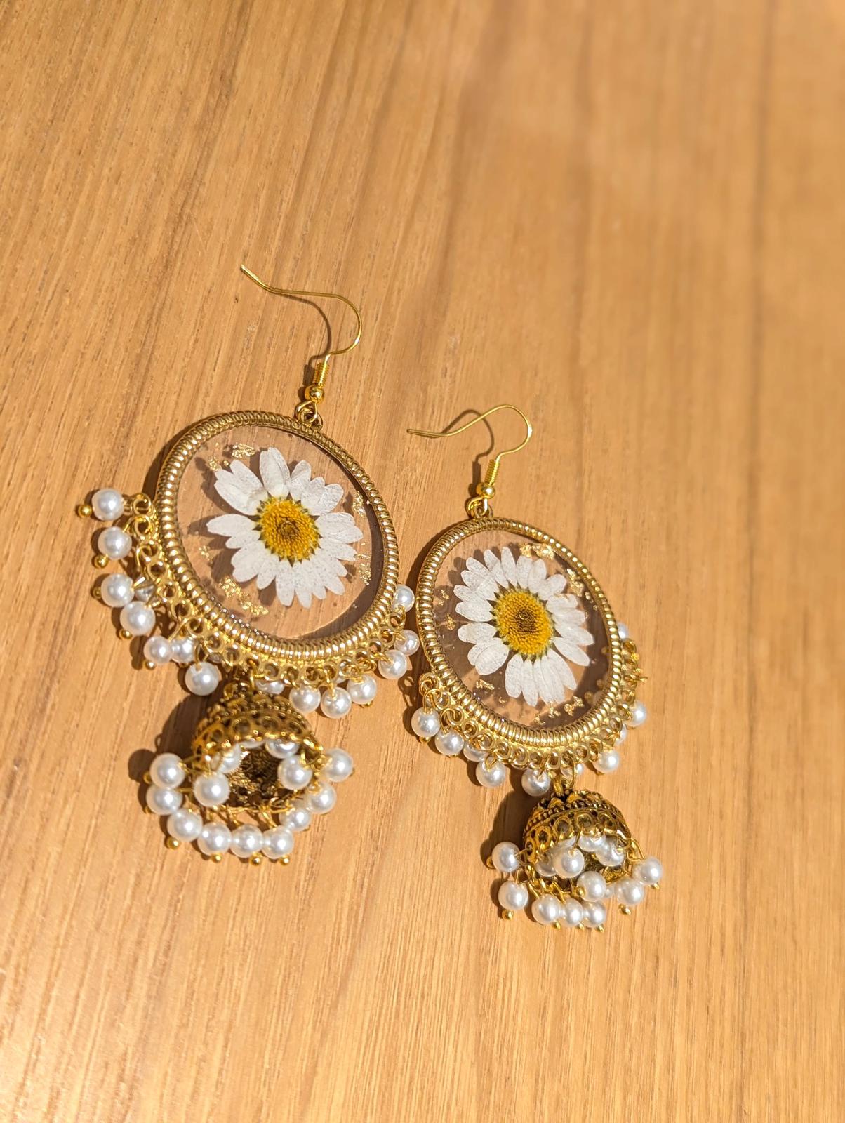 All White Flower Preserved Gold Jhumkas