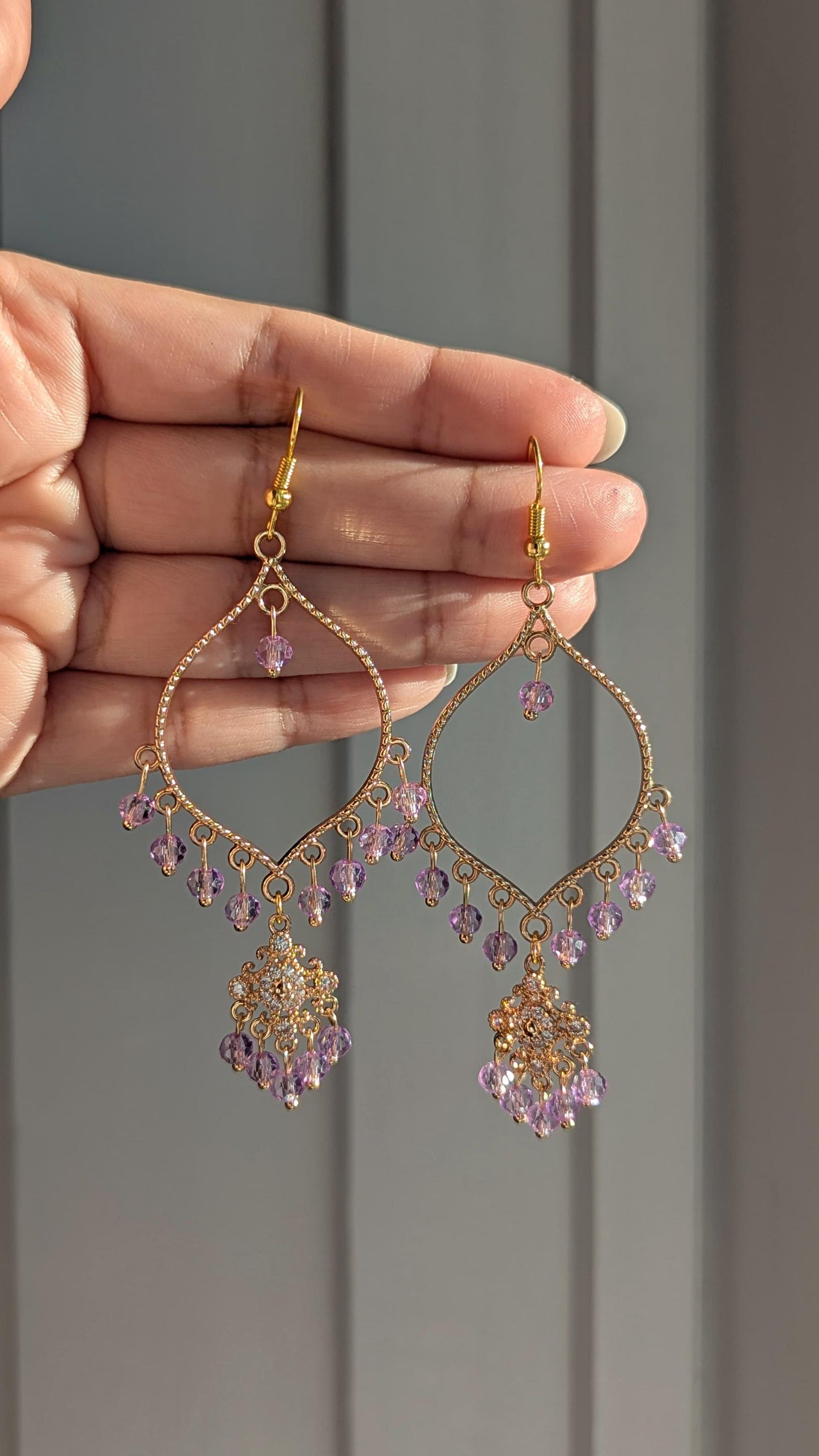 Purple Dainty Drop Earrings in Gold