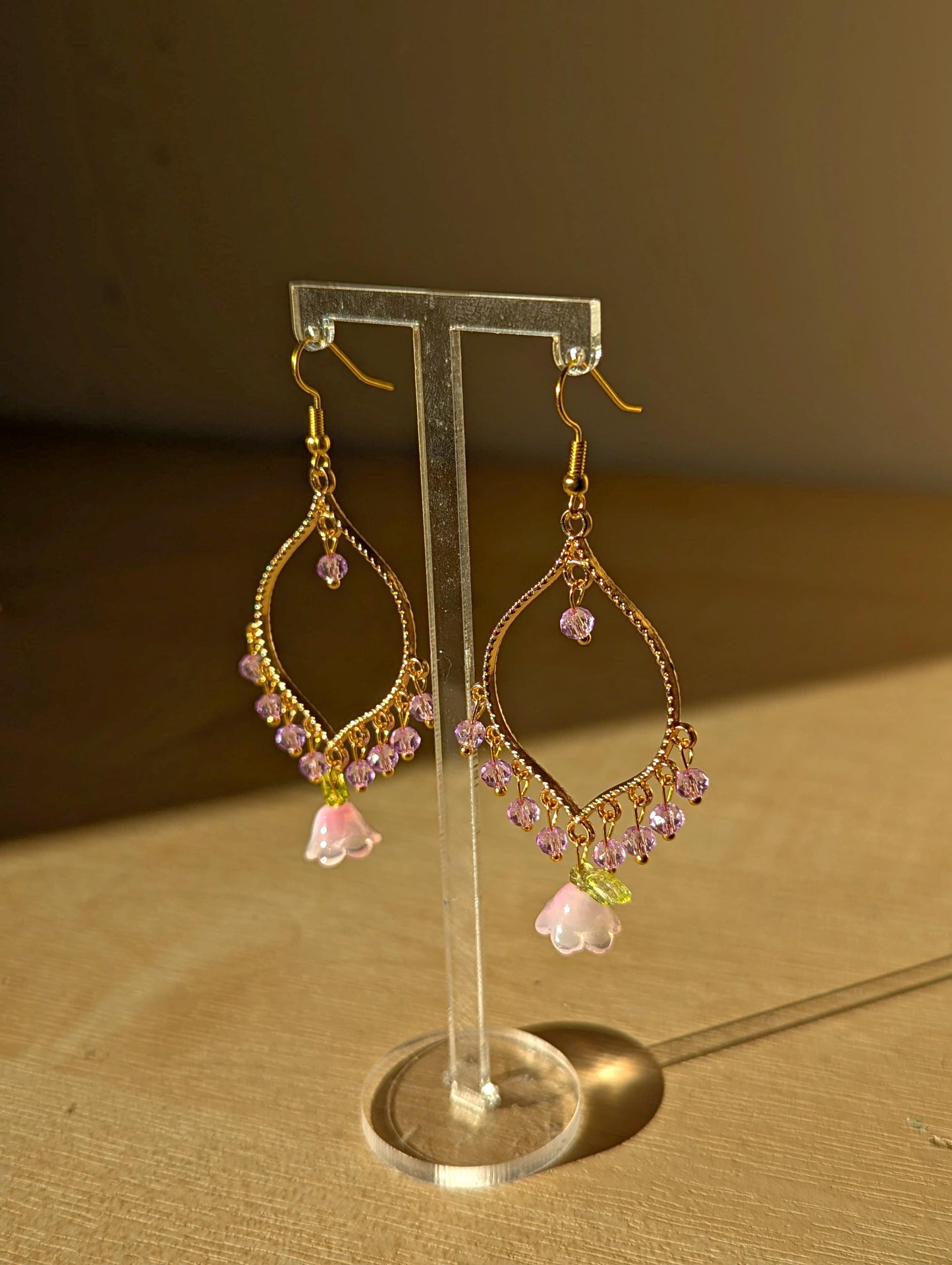 Purple Crystal Pink Flower Drop Earrings in Jhumka Style