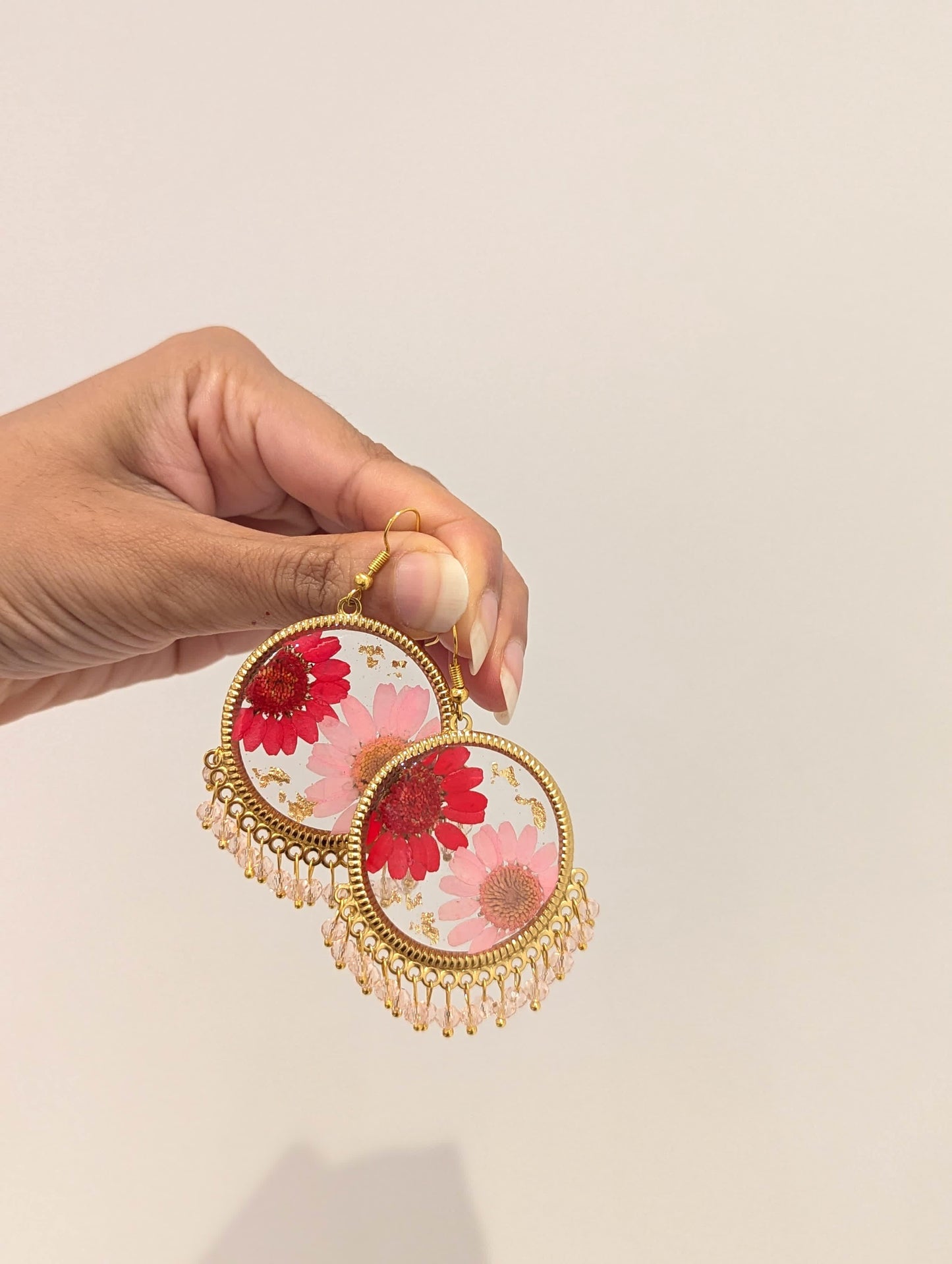 Pink and Red Floral preserved Gold Earrings