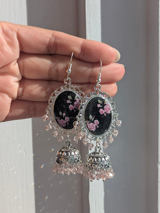 Black and Pink Jhumka Earrings in Silver