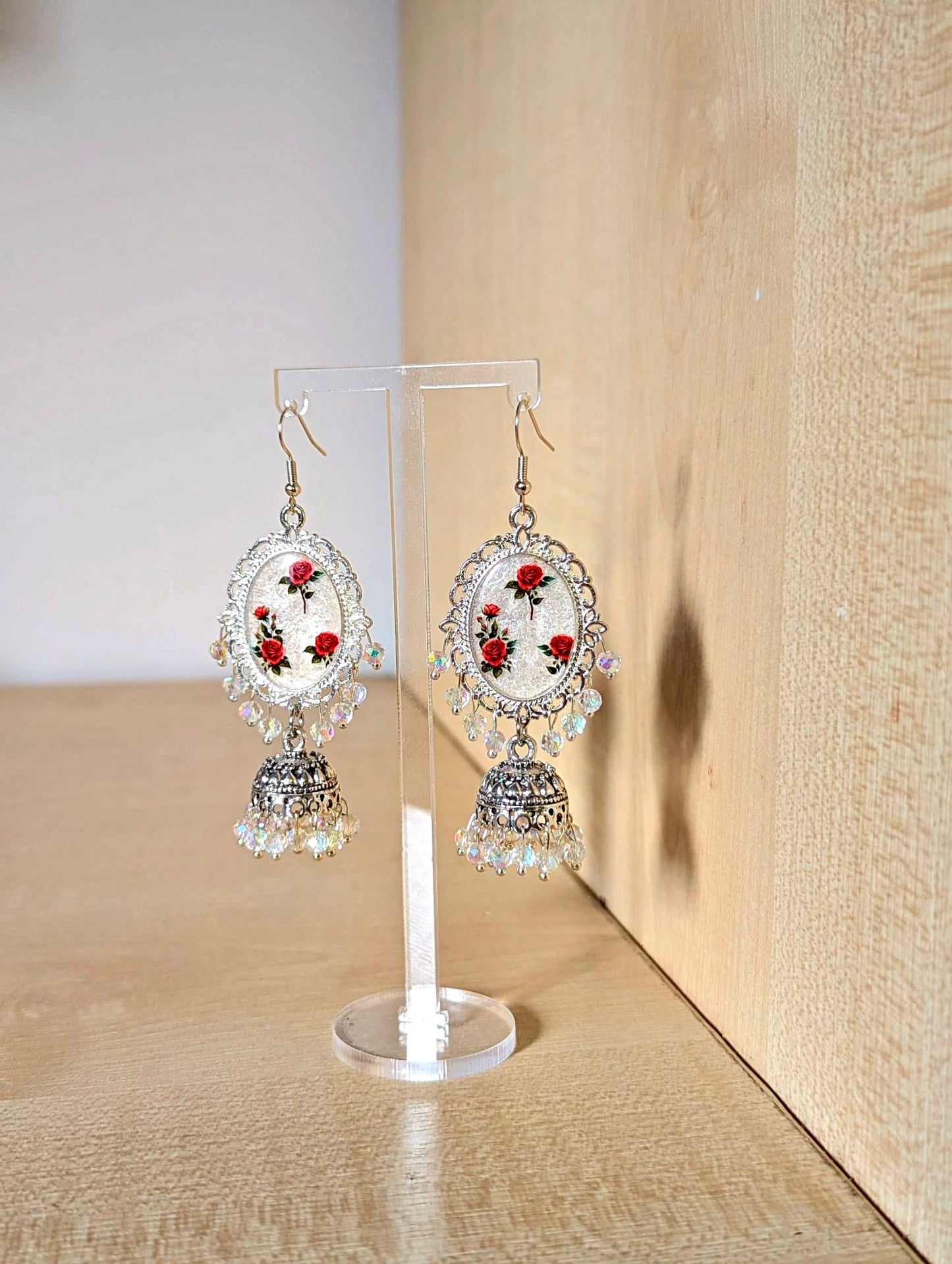 Red Roses on White Jhumka Earrings