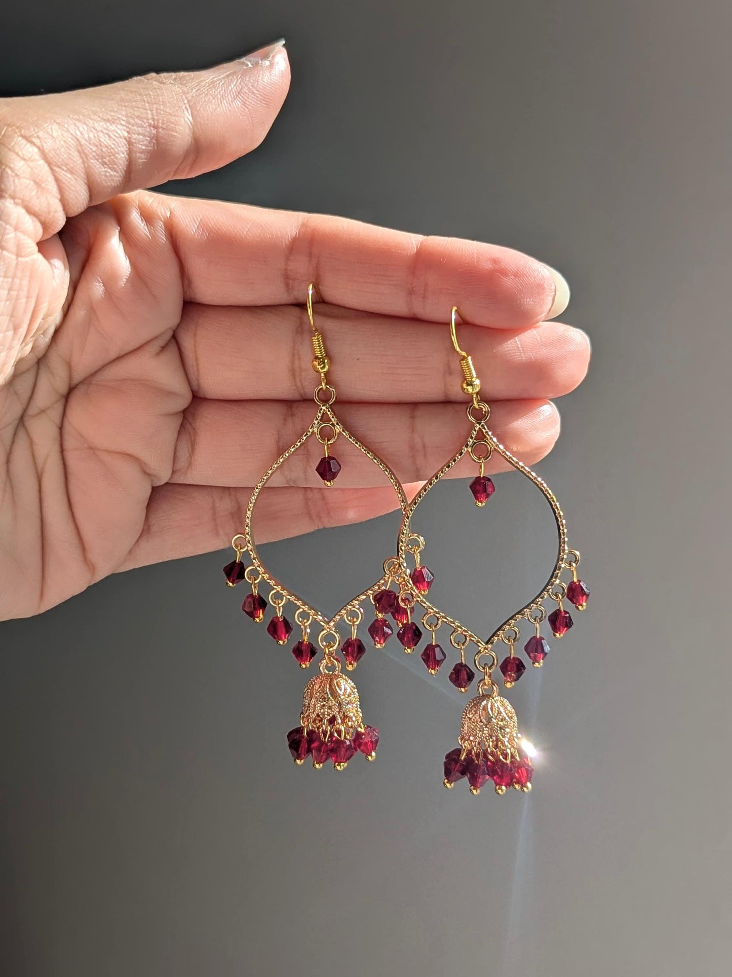Maroon Jhumki Drop Earrings in Gold