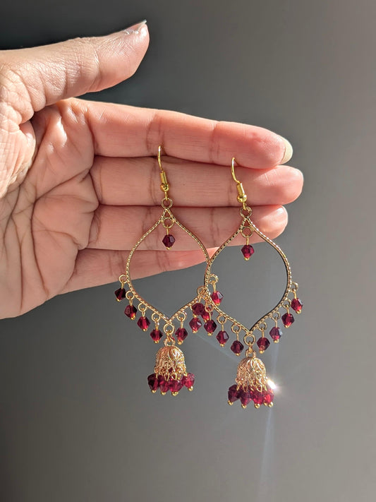 Maroon Jhumki Drop Earrings in Gold