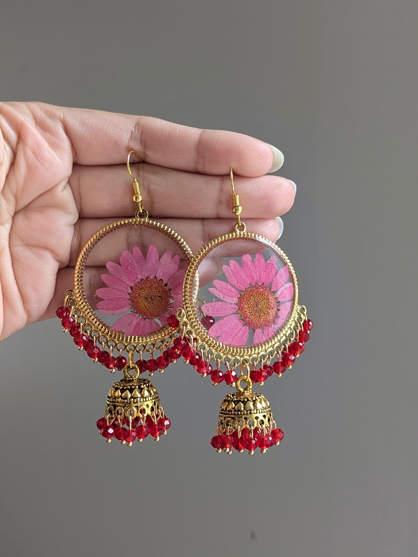 Pink and Red real Flowers Jhumkay in Gold