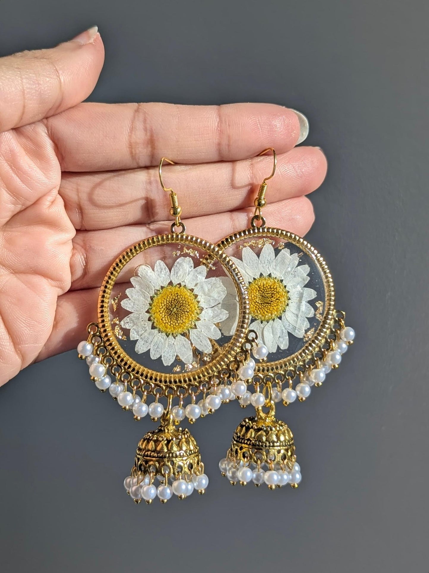 All White Flower Preserved Gold Jhumkas