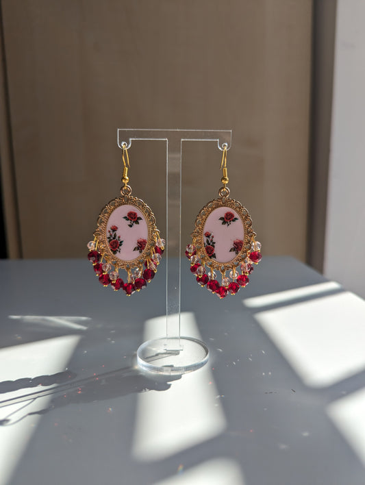 Red Roses Pink Earrings in Gold
