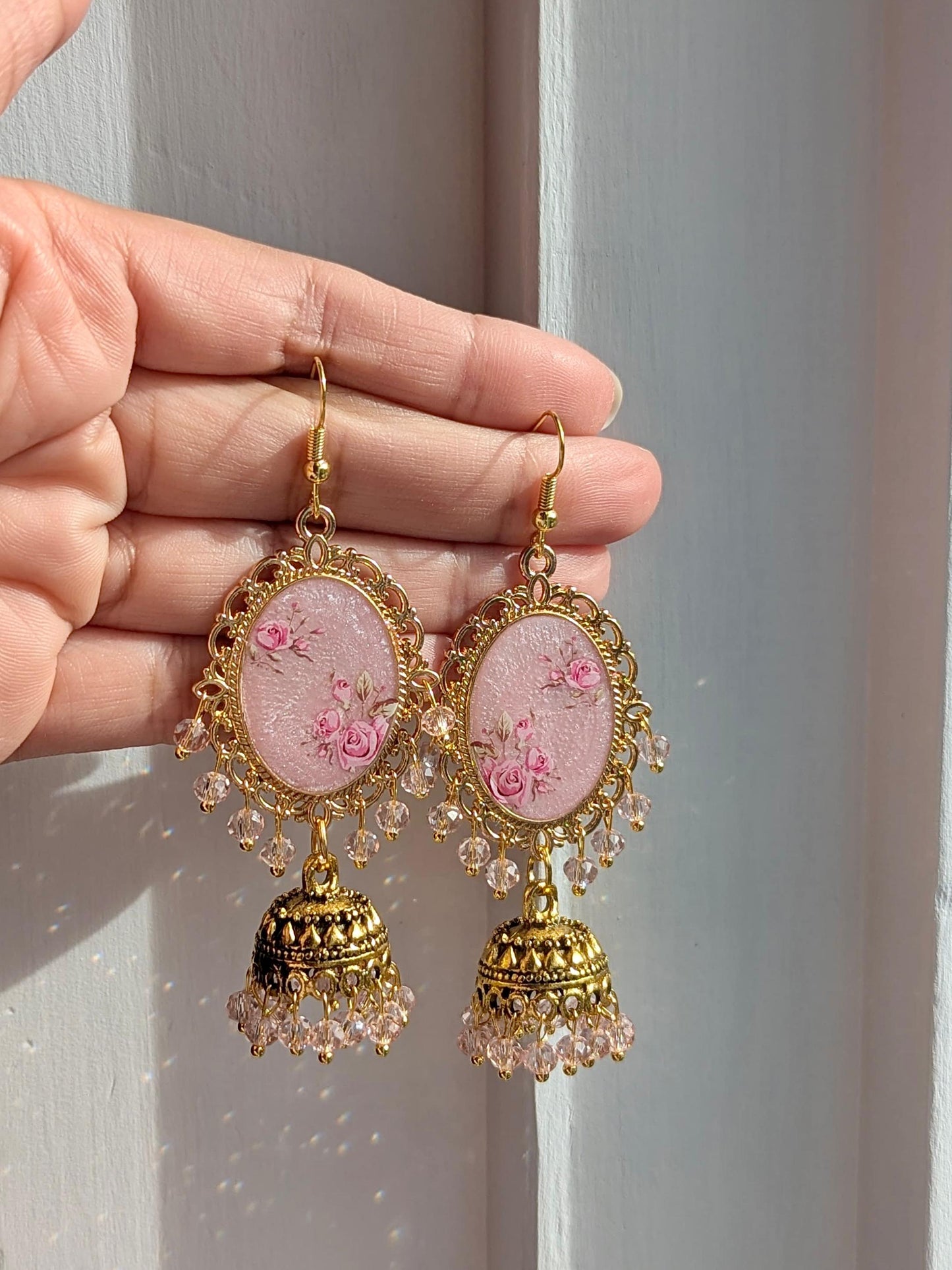 Shimmery Pink Jhumkay in Gold