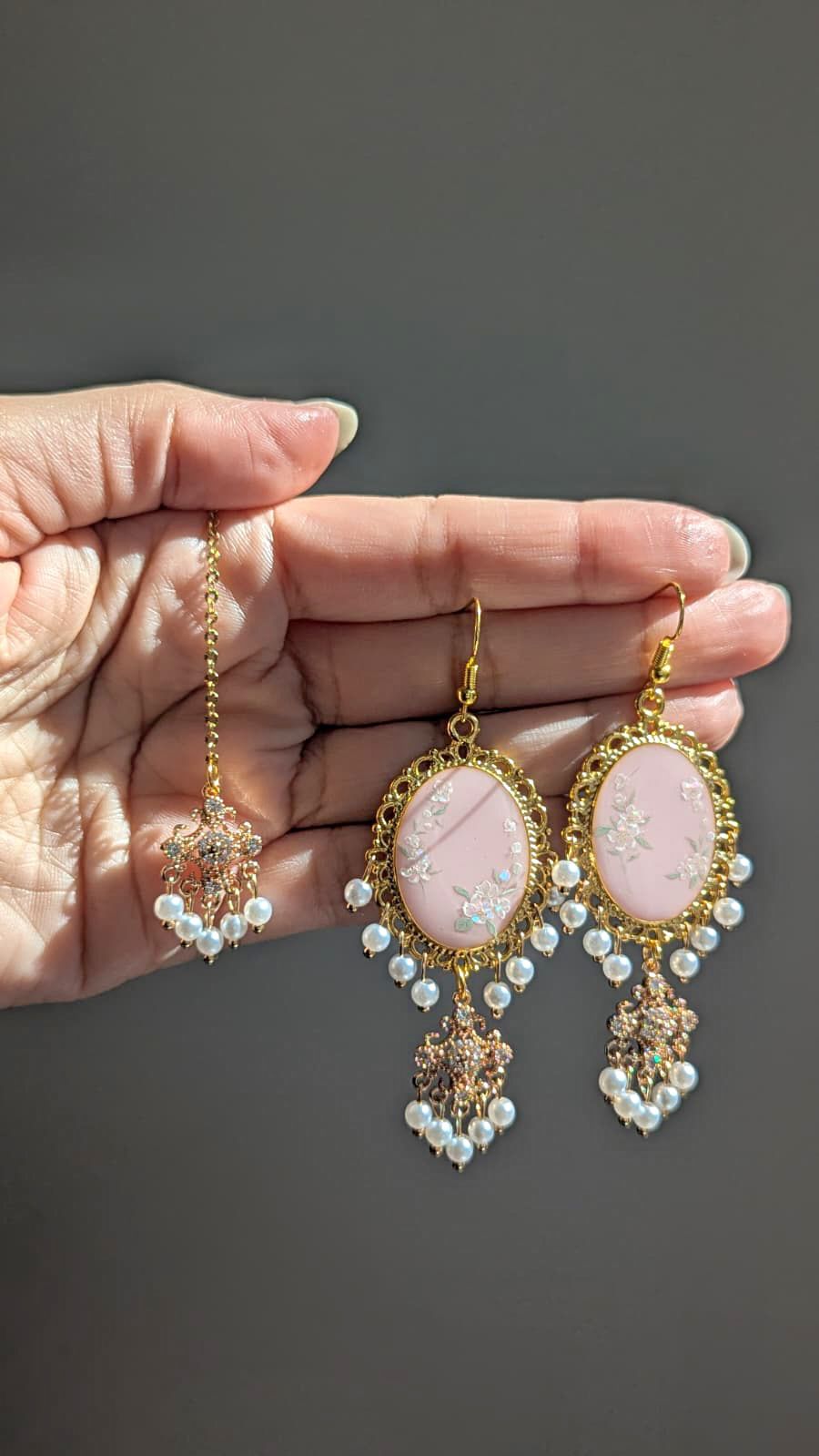 Pink Dainty Drop Earring and Tikka Set