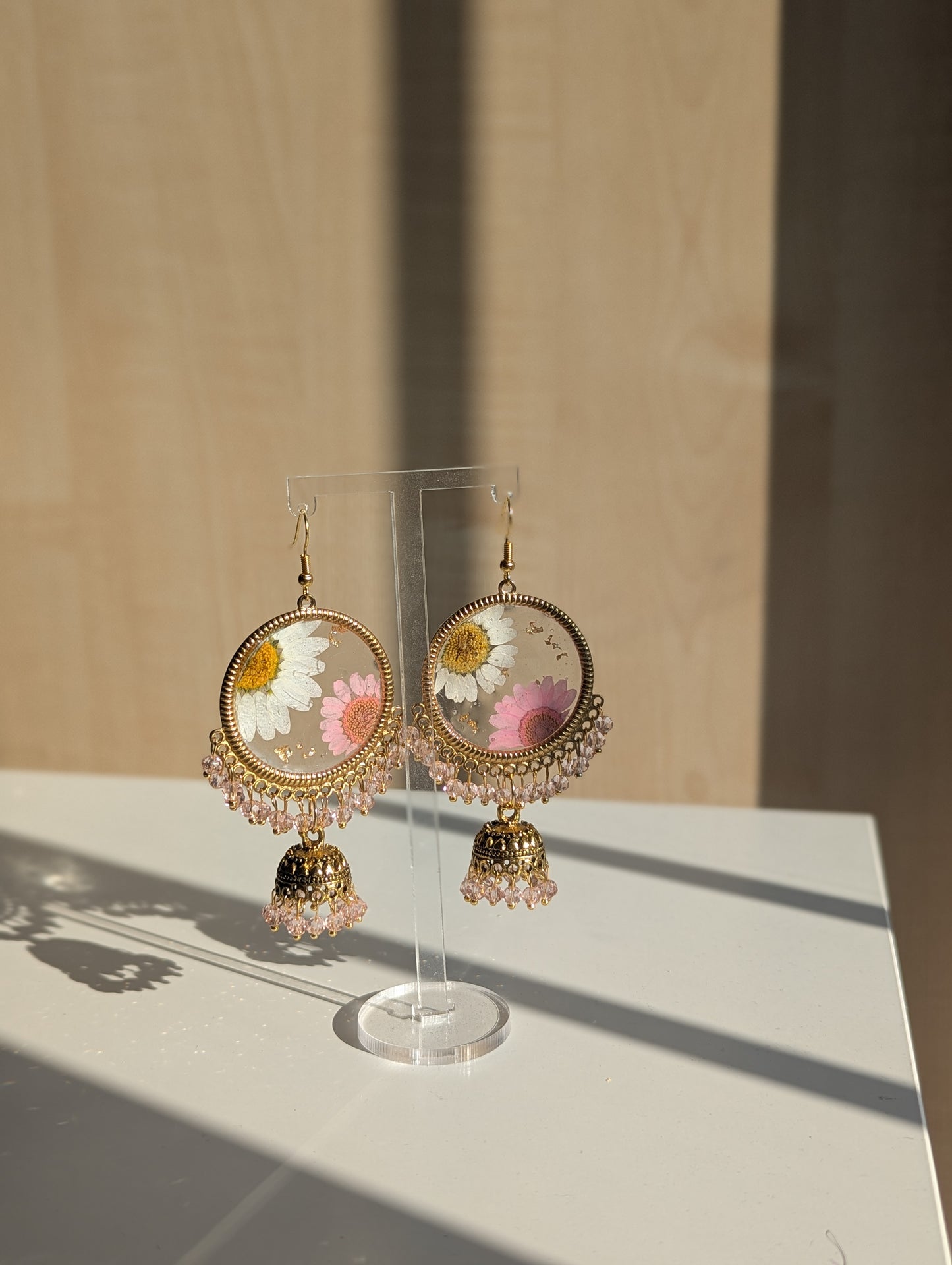Pink and White Daisy Jhumka Earrings with Gold Flakes