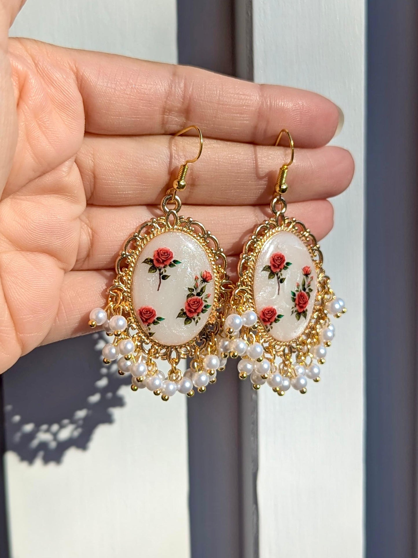 White Pearl Red Roses Earrings