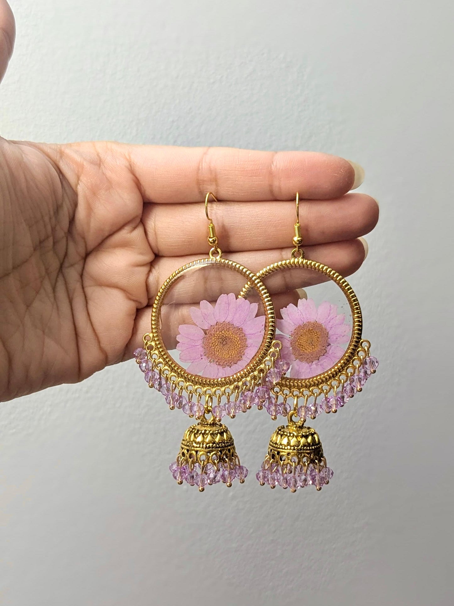 Purple Real Flowers Jhumkay in Gold