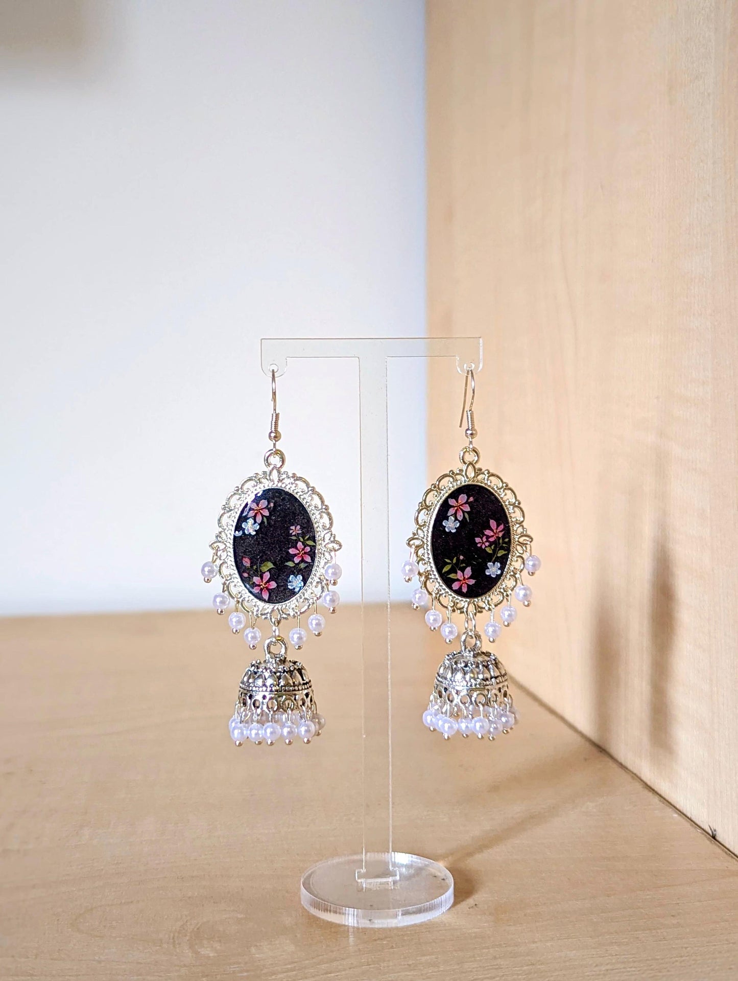 Multicolor Black Floral Resin Jhumka Earrings