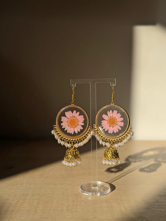 Pink Daisy Resin Jhumka Earrings