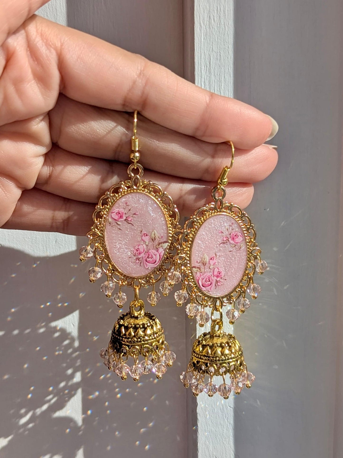 Shimmery Pink Jhumkay in Gold