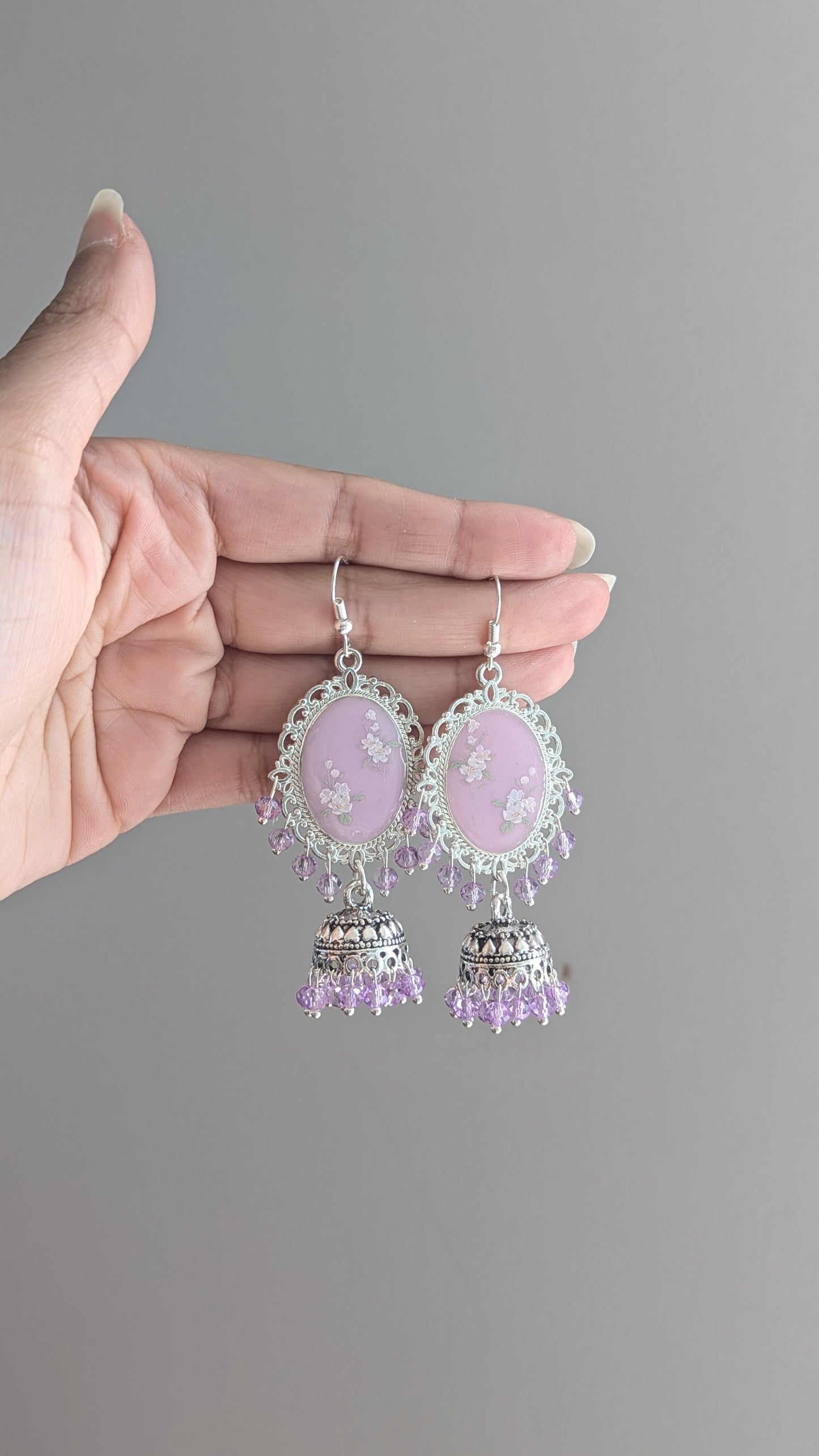Purple White Flower Jhumka Earrings in Silver