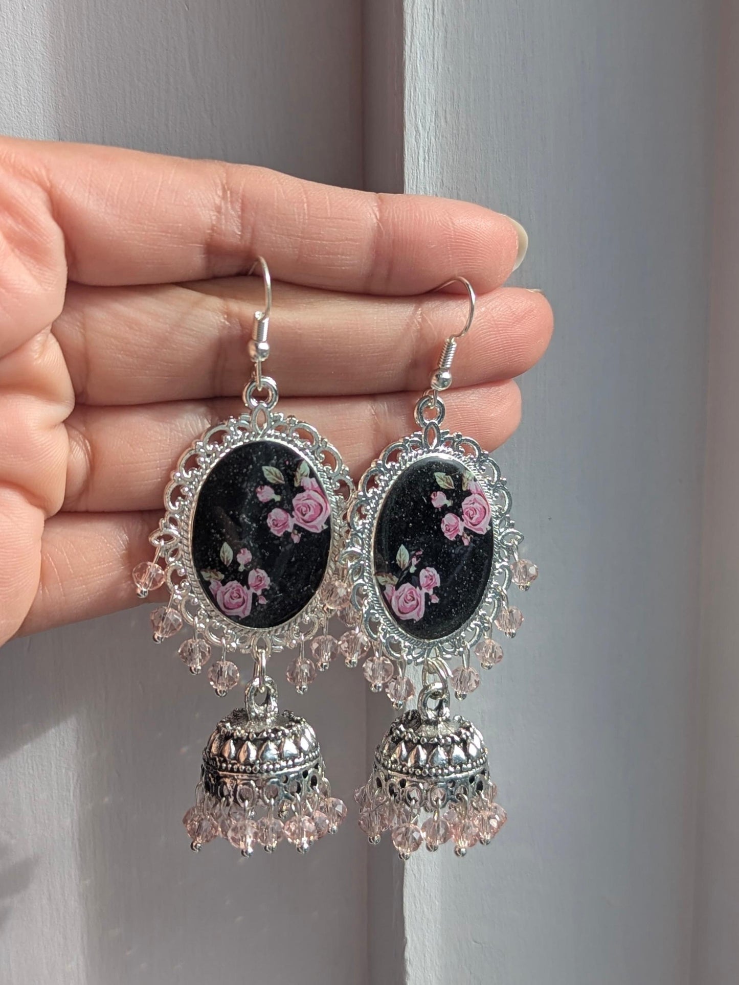 Black and Pink Jhumka Earrings in Silver