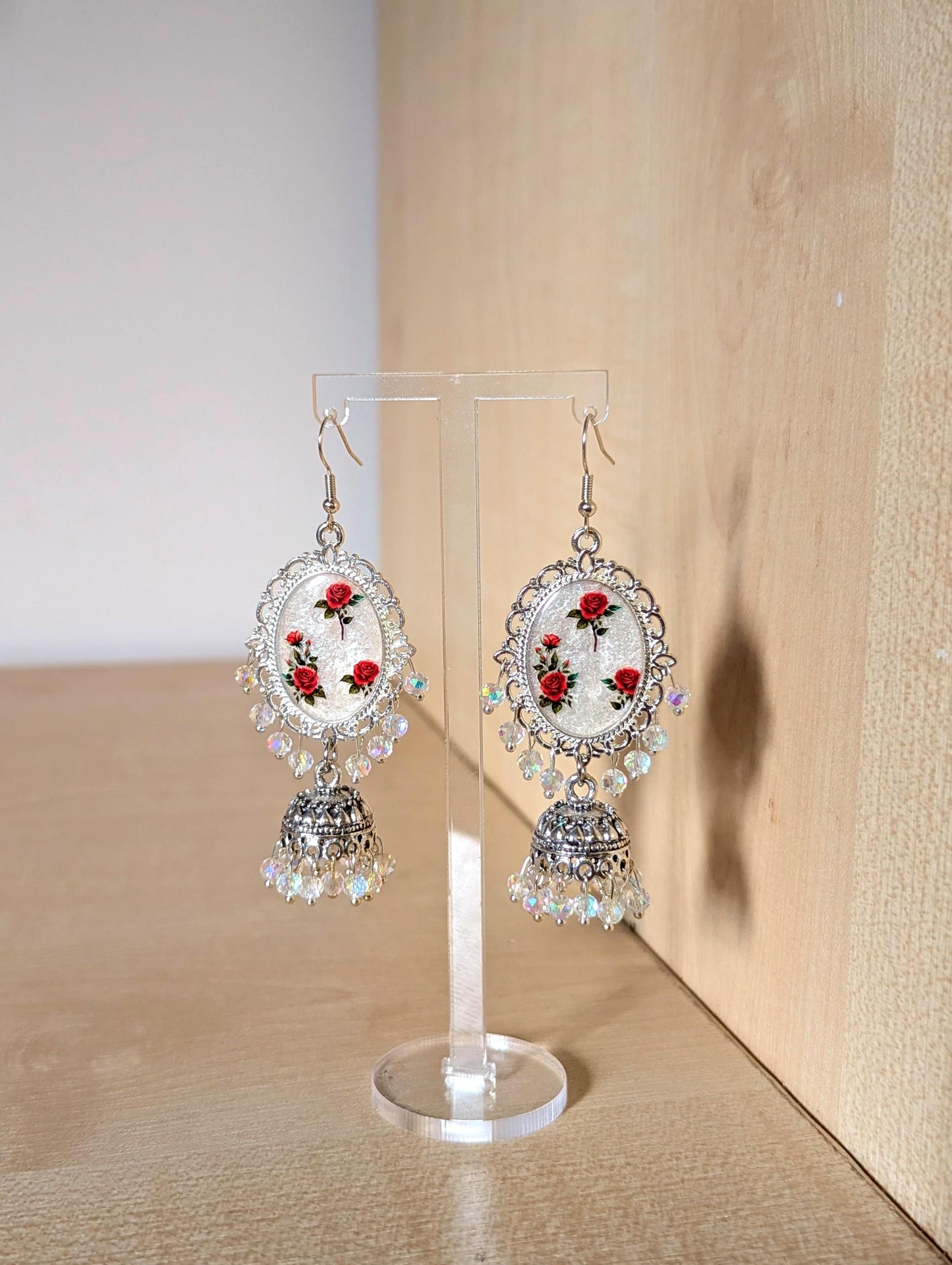 Red Roses on White Jhumka Earrings