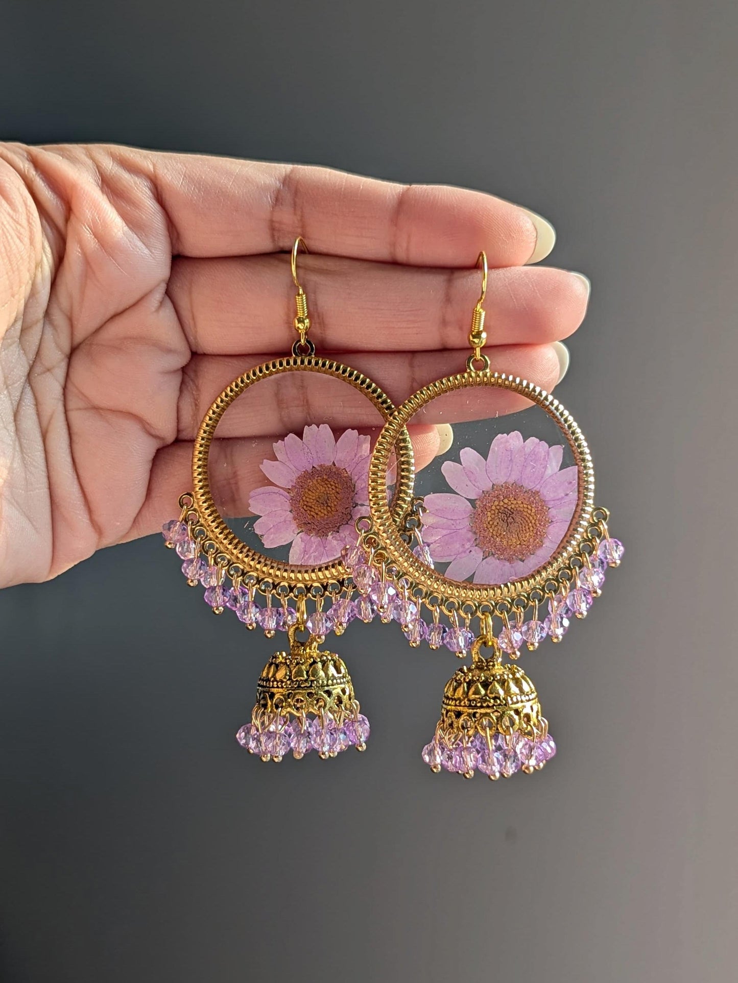 Purple Real Flowers Jhumkay in Gold