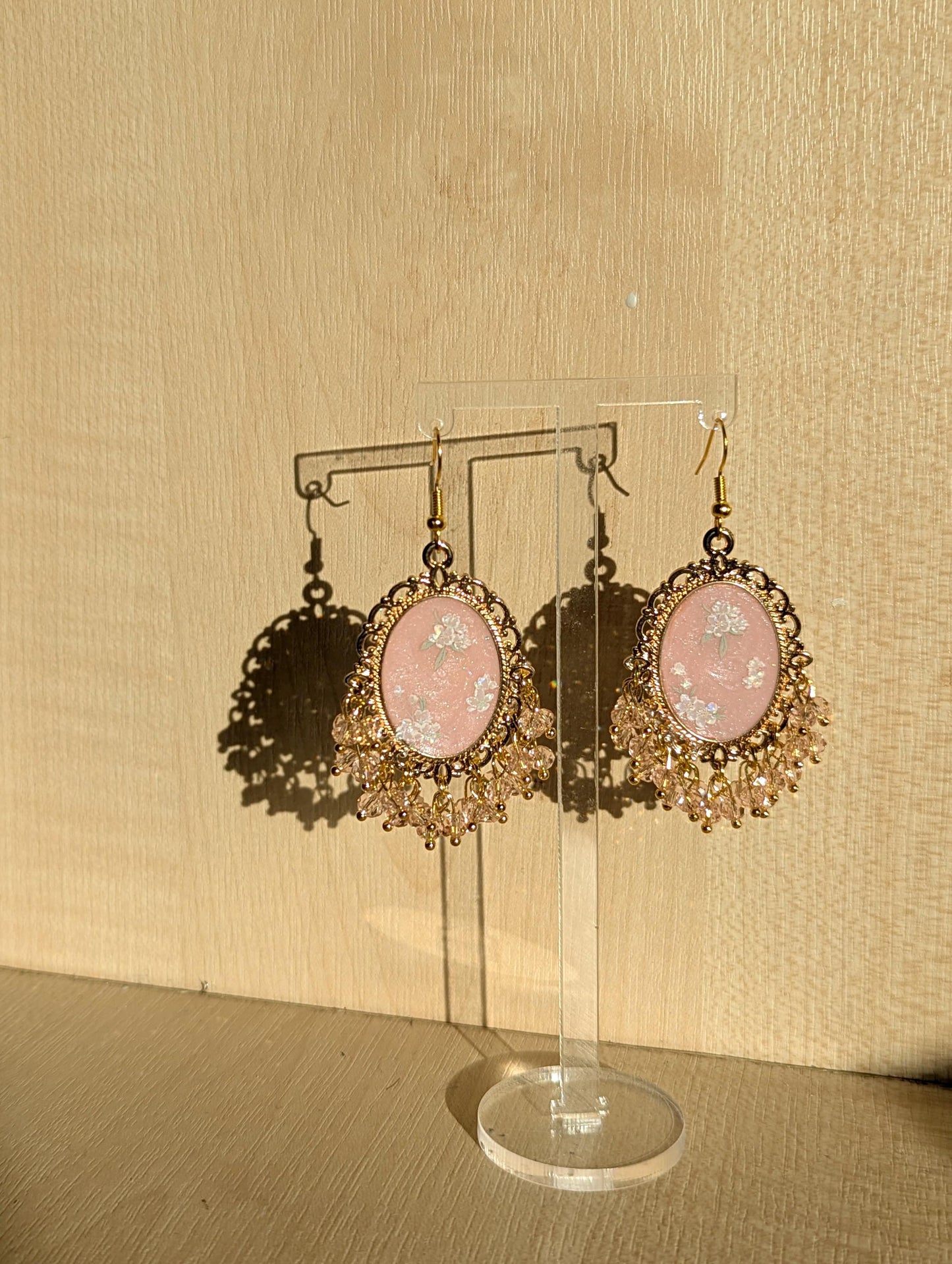 Peach Pink floral resin earrings in gold
