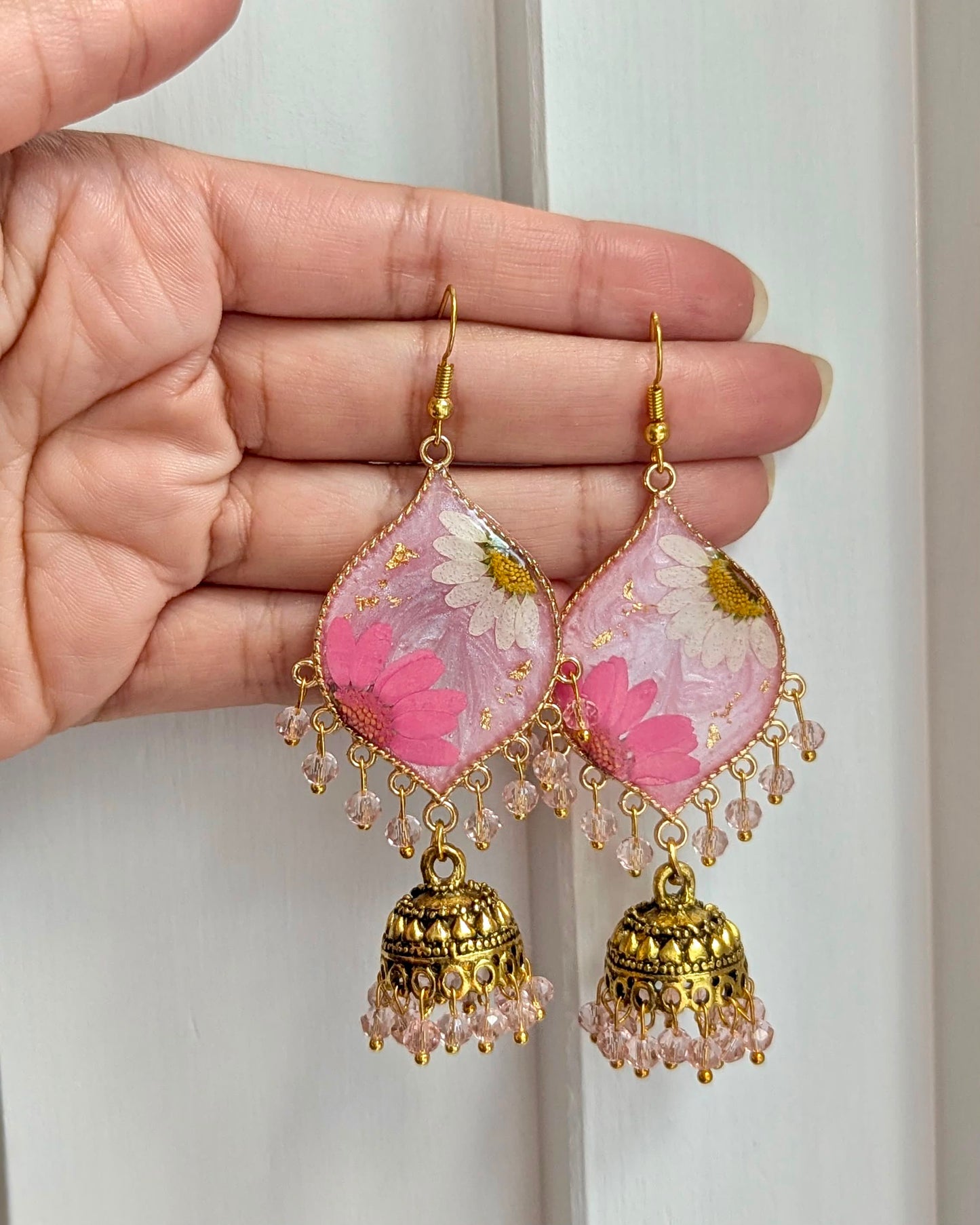 Shimmery Pink and White Floral Jhumkay